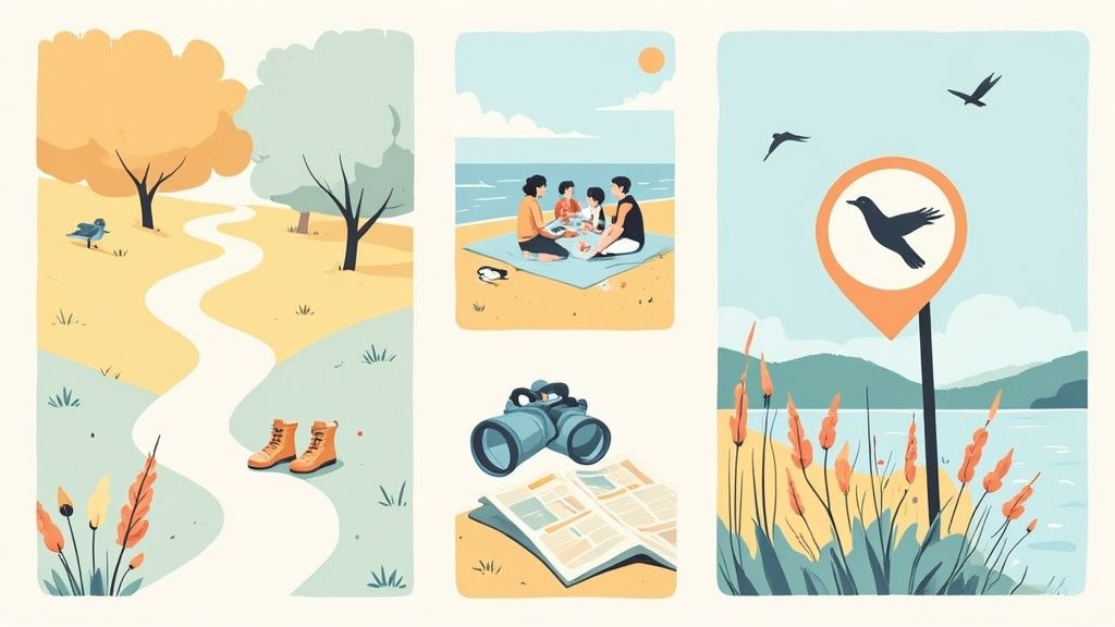 An illustration collage depicting outdoor activities: a winding path, a family picnic on the beach, birdwatching, and nature exploration.