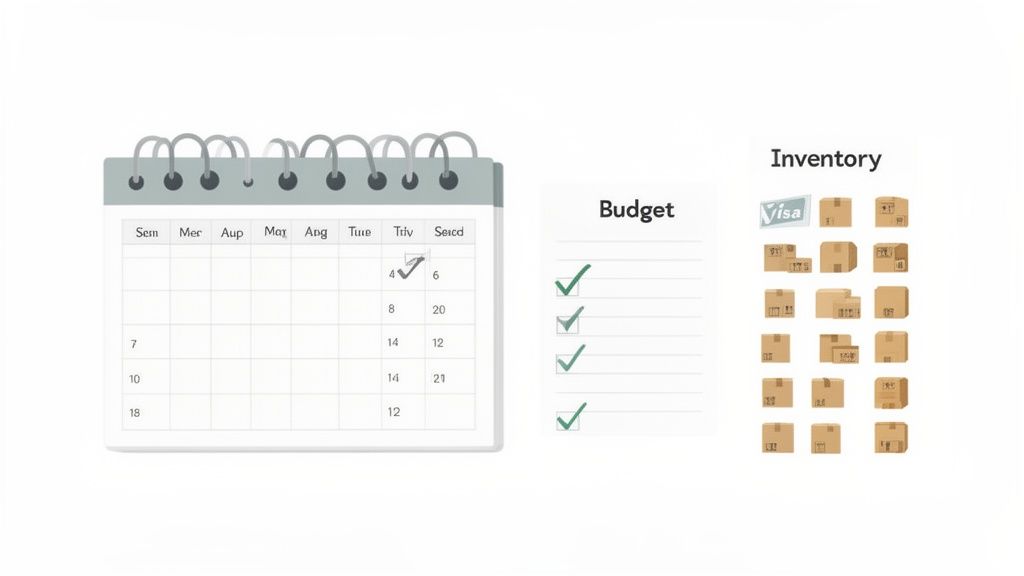 A calendar, budget checklist, and inventory of cardboard moving boxes with a Visa logo, illustrating relocation planning.