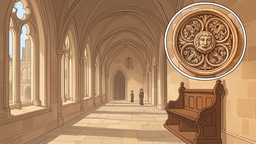 A long, stone cathedral cloister with arched windows, a wooden bench, and a detailed stone carving.