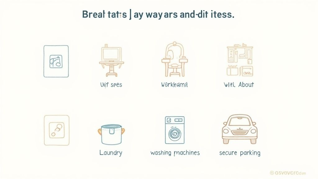 An infographic showcasing various property amenities with icons, including wifi, laundry, and secure parking.