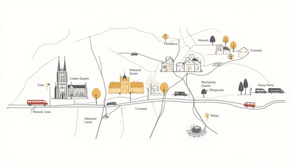 An illustrated map of a town featuring buildings, roads, vehicles, and labeled landmarks.