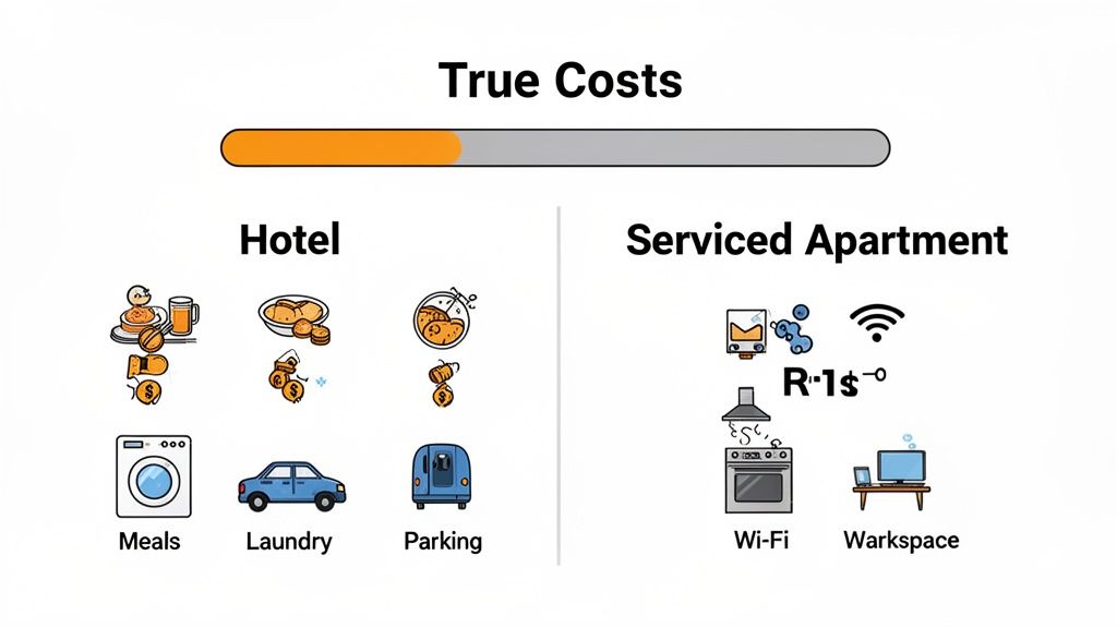 Visual comparison of true costs for hotels versus serviced apartments, highlighting extra fees for hotels.