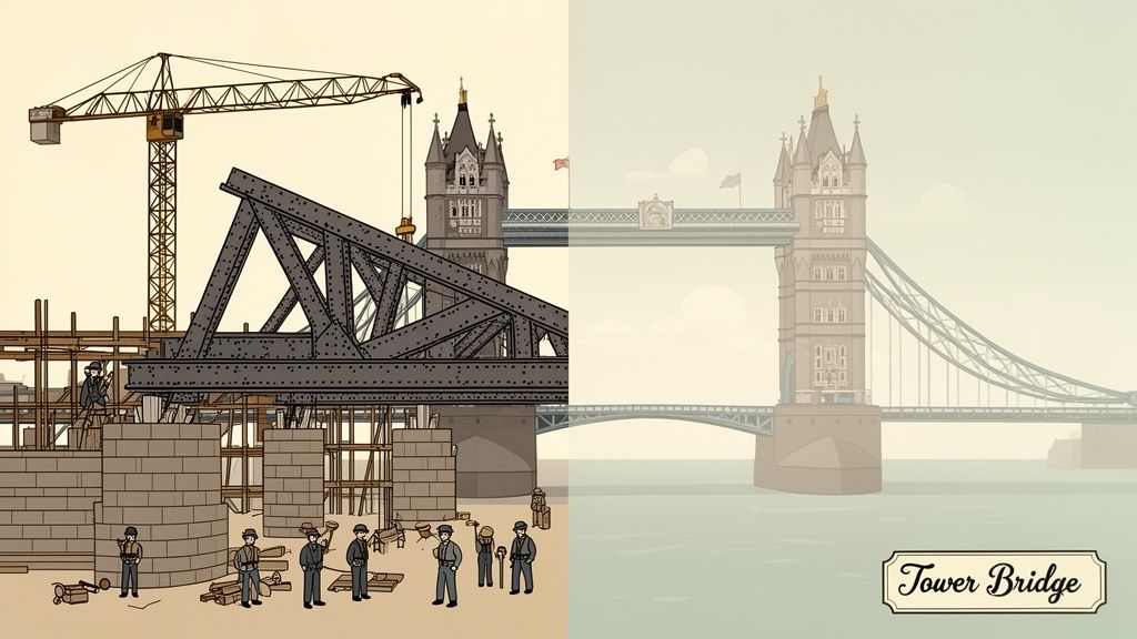Split image shows London's Tower Bridge: under construction on the left, completed and iconic on the right.
