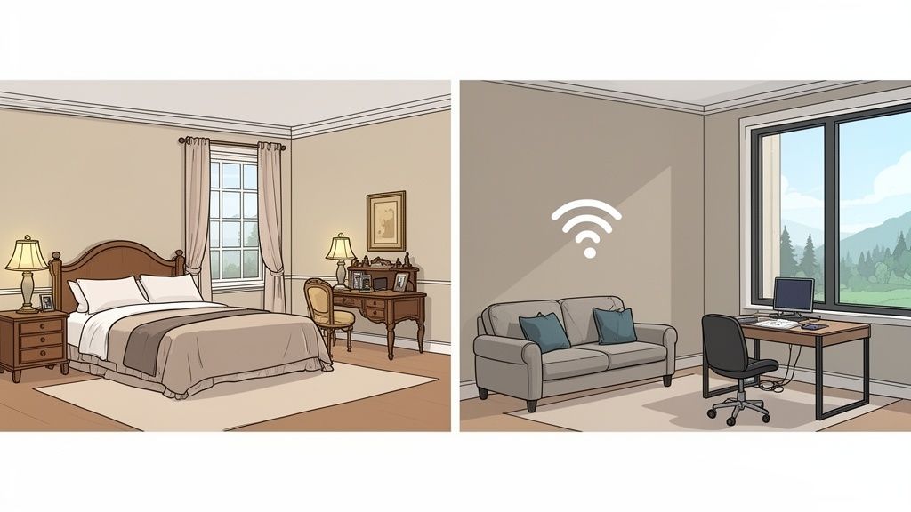 Two illustrated rooms: a traditional bedroom with a bed and desk, and a modern living space with a sofa and computer desk, featuring a Wi-Fi symbol.