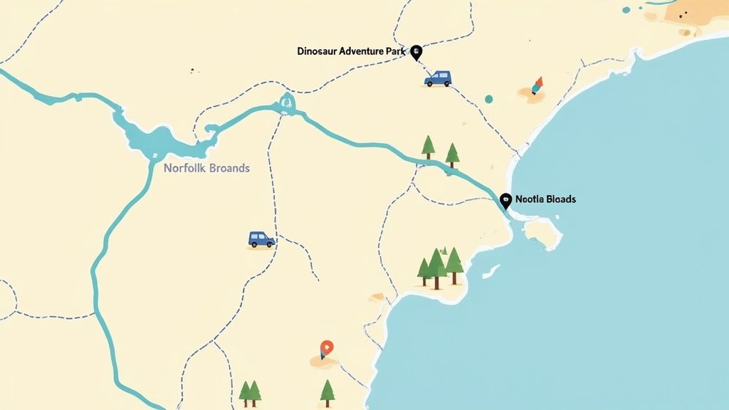 Norfolk broads with a boat sailing on the water.