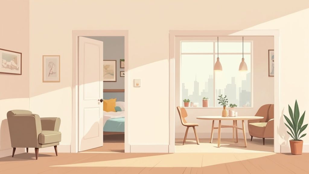 A bright, minimalist interior of a furnished rental house with a living room, bedroom, and dining area.