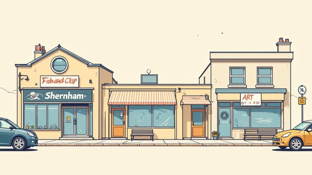 Cartoon illustration of a charming street with various shops, including 'Fish and Chip Shernham' and an 'ART' store, with cars parked on the side.