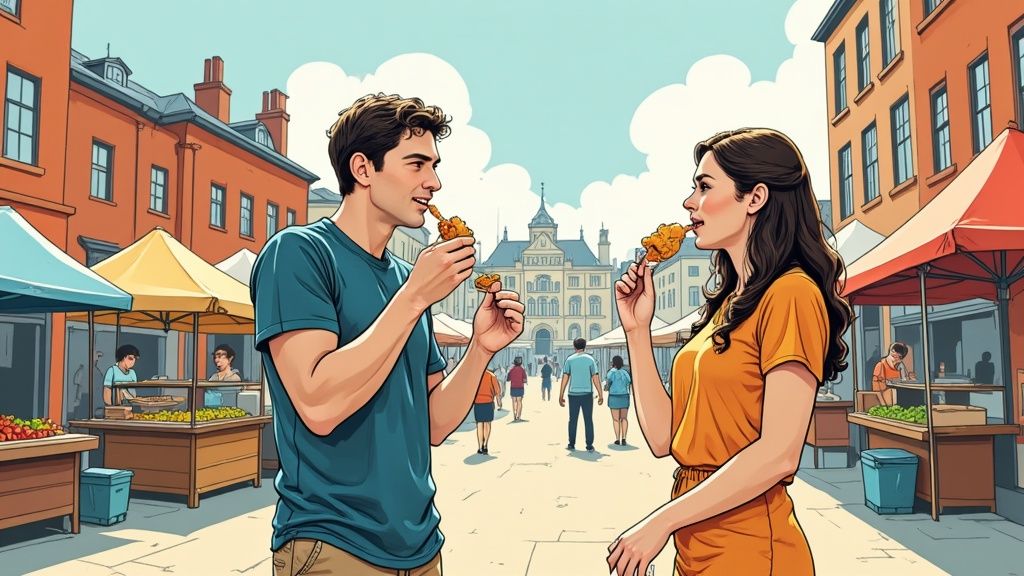 A happy couple eats fried chicken at an outdoor market with colorful stalls and buildings.