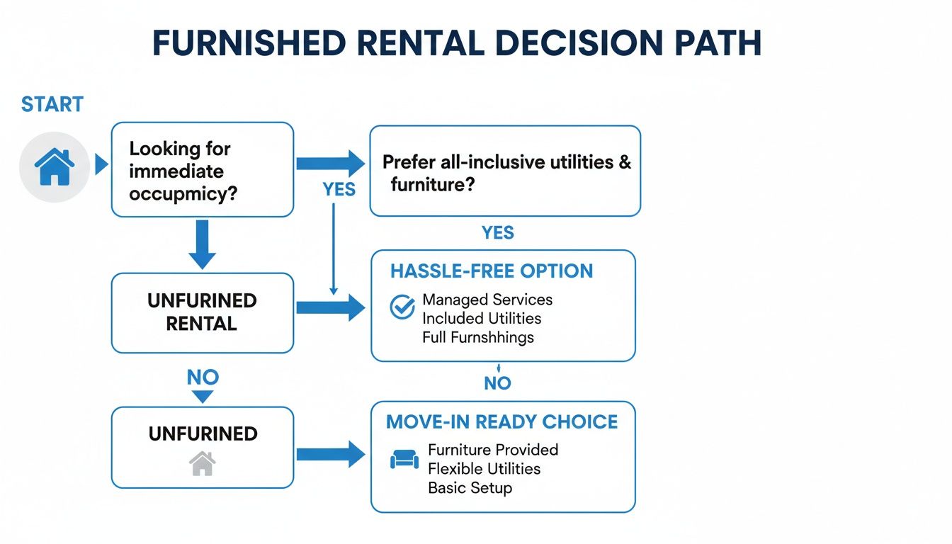 Flowchart outlining furnished rental decisions based on occupancy needs, utility, and furniture preferences.
