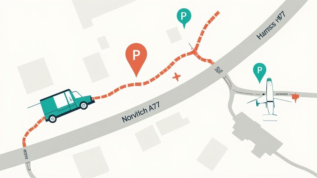 Illustrated map showing a detailed route with a truck, airplane, and various parking spots on roads like Norwich A77.