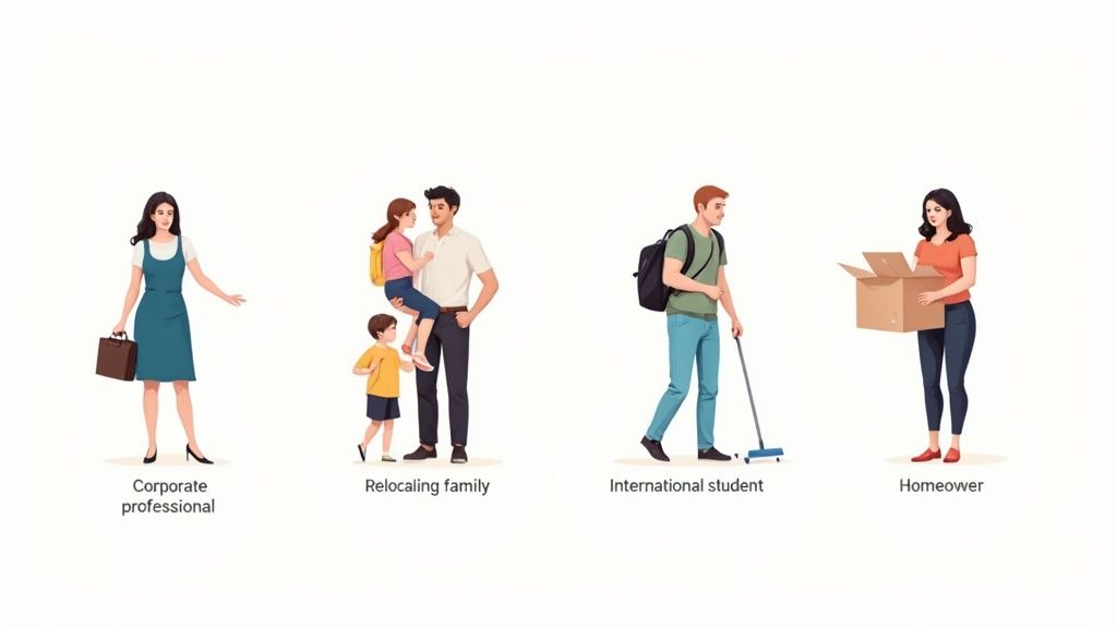 Four illustrations depicting different types of tenants: corporate professional, relocating family, international student, and homeowner.