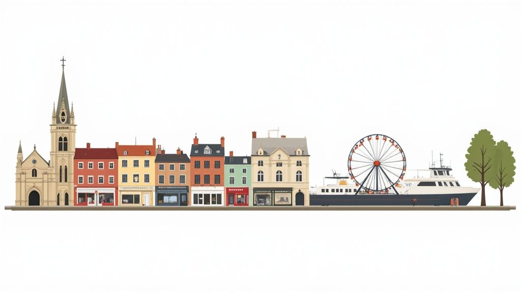 A colorful illustration of a coastal town with a church, various buildings, a large ferry, a Ferris wheel, and green trees.