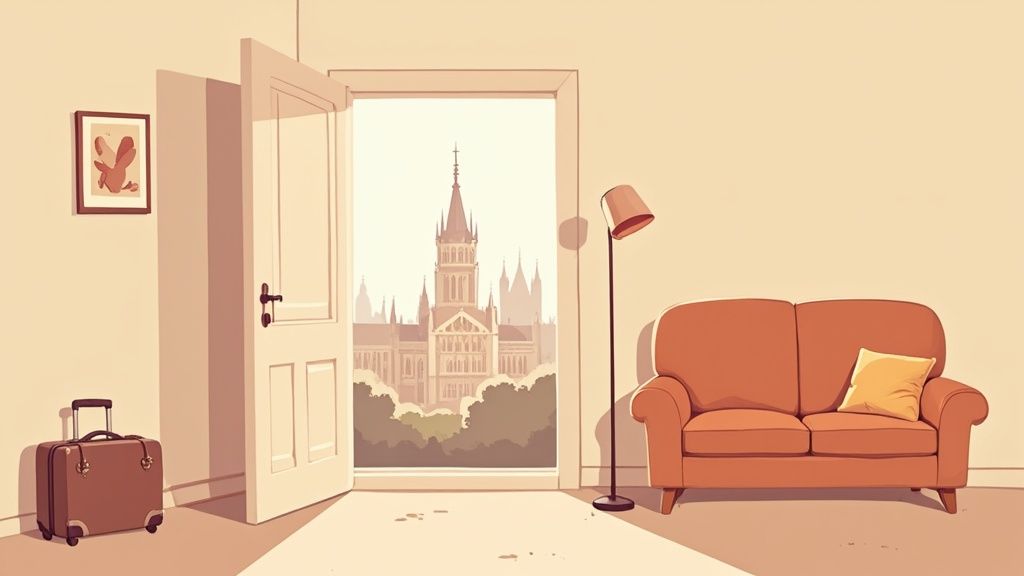 Warm-toned illustration of a room with an open door revealing a gothic city, featuring a suitcase and sofa.