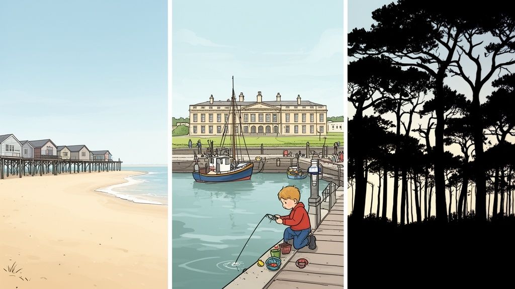 Three panels: a sandy beach with stilt houses, a boy fishing in a harbor, and a dense forest silhouette.