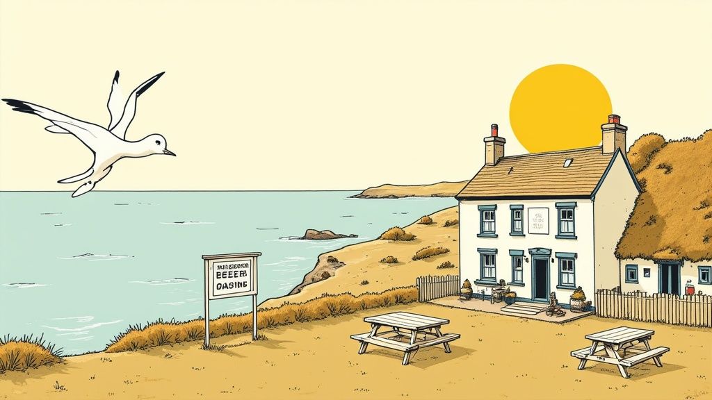 A scenic view from a coastal pub's beer garden in Norfolk