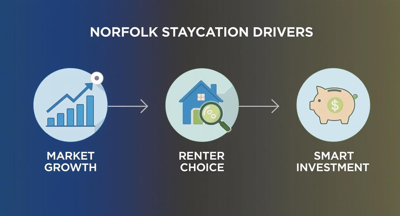 Flowchart showing Norfolk staycation drivers: market growth, renter choice, and smart investment opportunities.