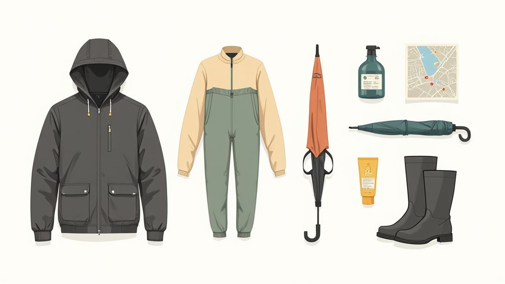 Rain gear and weather essentials including jacket, jumpsuit, umbrella, boots, and skincare products for Norwich
