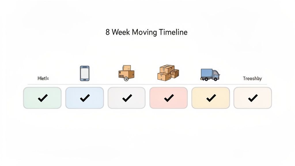 An 8-week moving timeline with icons for planning, packing, and transportation, all tasks completed.