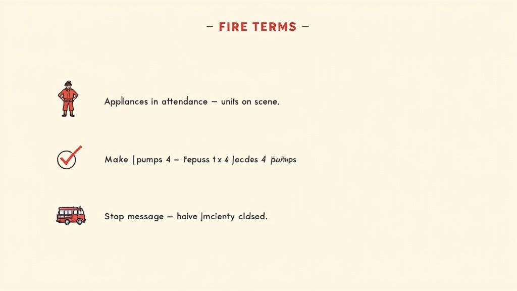A diagram titled 'FIRE TERMS' with definitions for 'appliances', 'make pumps', and 'stop message' alongside icons.
