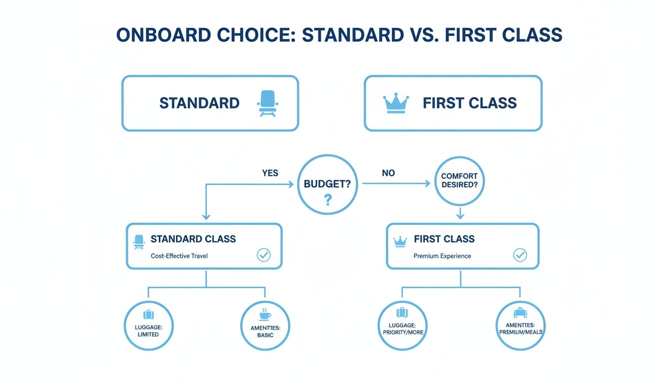 Flowchart illustrating the decision-making process for standard versus first class onboard choices.