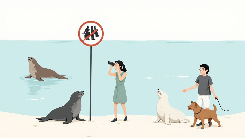 A mother seal and her white-furred pup lying on Horsey Beach