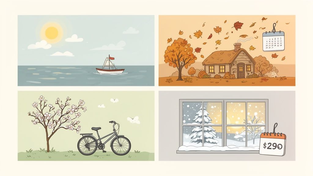 Four illustrated panels depicting the seasons: summer boat, autumn house, spring tree with bike, and winter window.