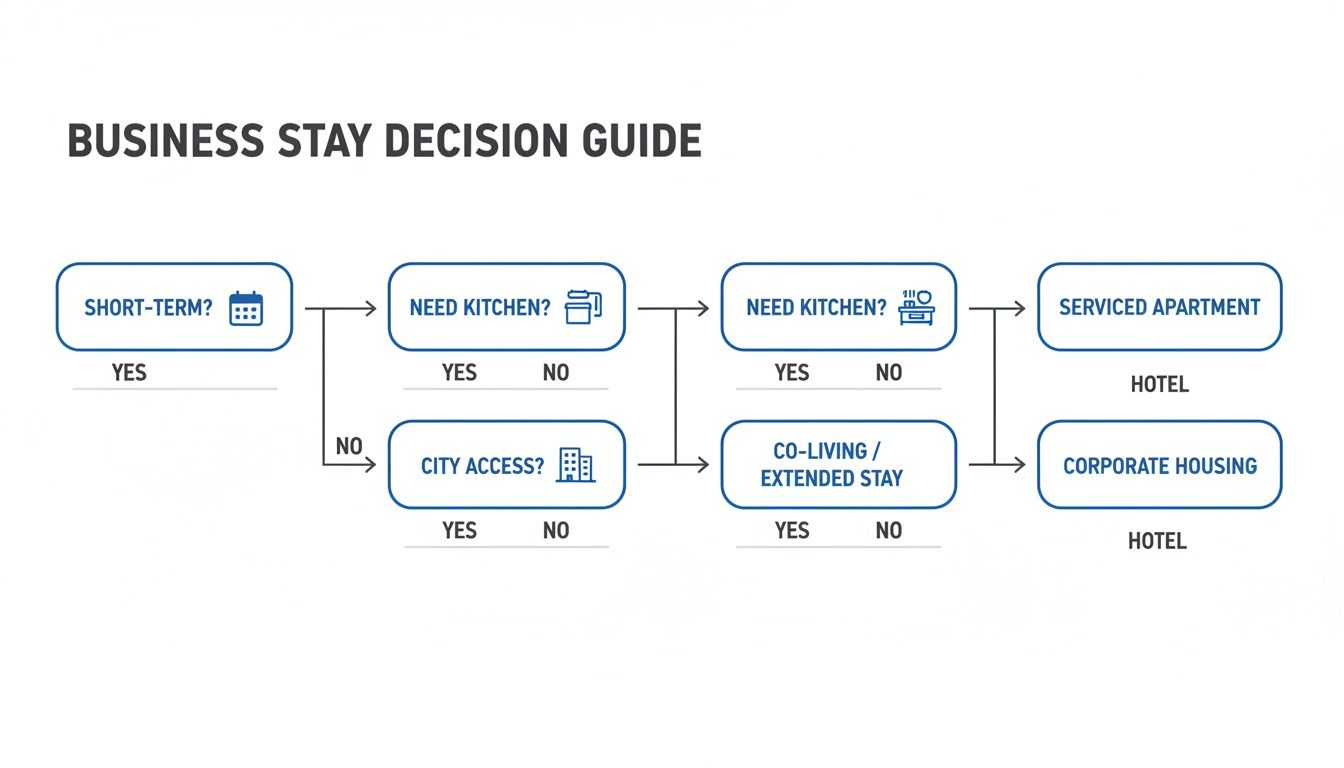 Flowchart guide for business stays, helping to decide between serviced apartments, hotels, co-living, and corporate housing.