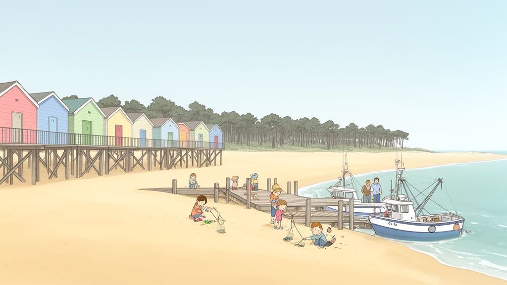 A vibrant coastal scene featuring colorful beach huts, a pier, children crabbing, and fishing boats.