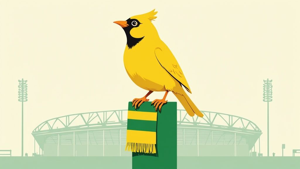 A bright yellow canary with a black mask perches on a green post with a Norwich scarf, in front of a football stadium.