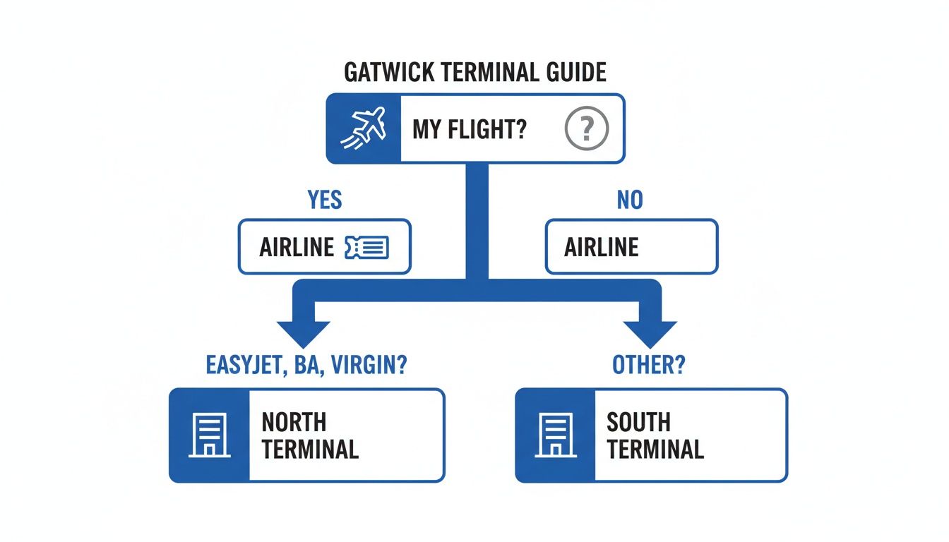 A flowchart guide for passengers to determine their Gatwick Airport terminal (North or South) based on their airline.