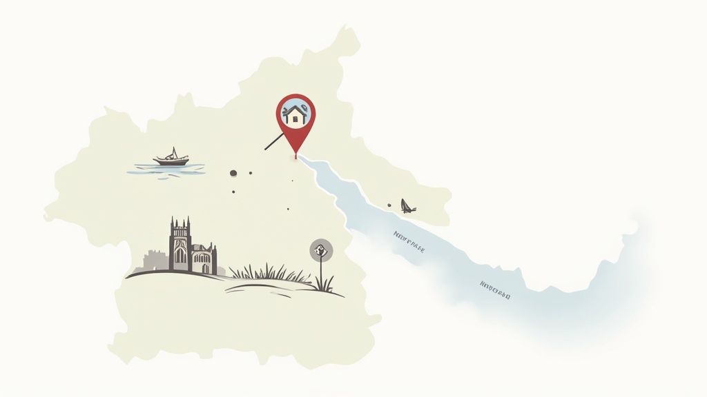 A cartoon map of Norfolk, featuring a river, church, boat, and a house icon map pin.