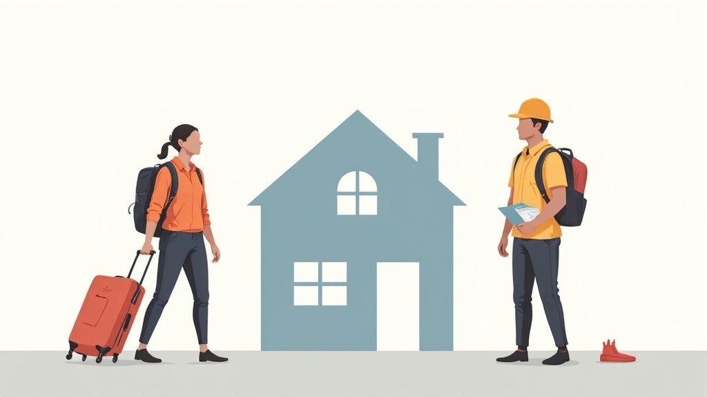 Illustration of a woman with luggage and a man with documents on either side of a house silhouette.