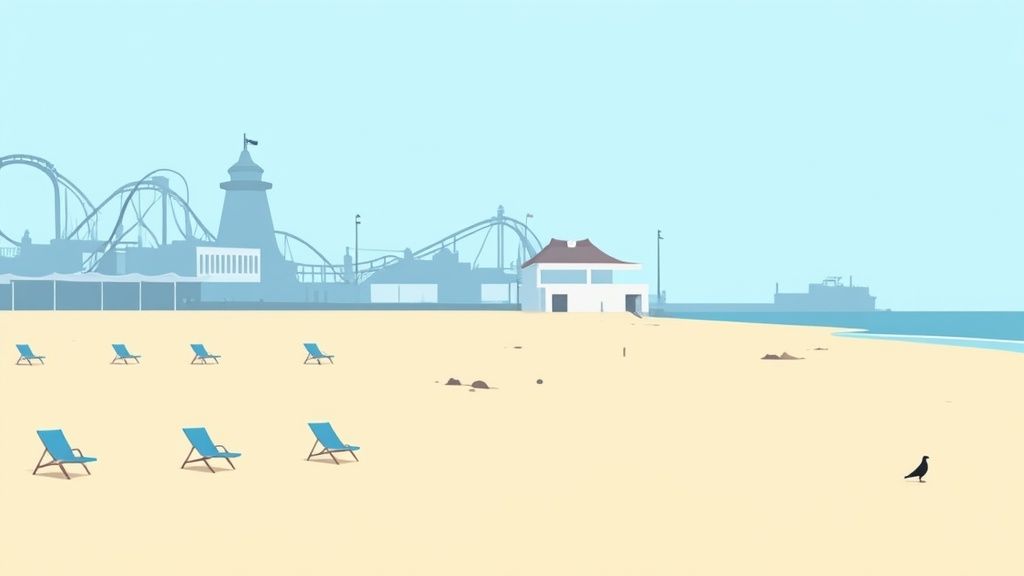 Illustrated beach scene with blue chairs, amusement park pier, lighthouse, and seagull at Great Yarmouth