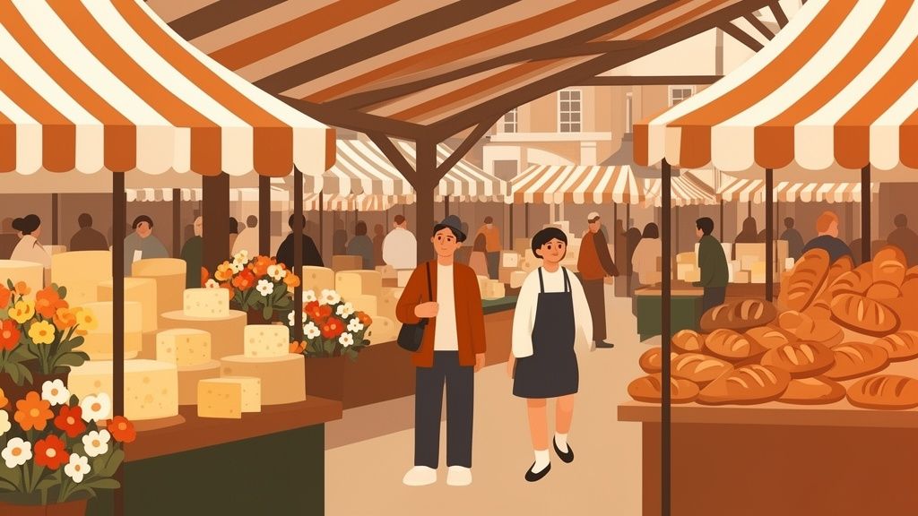 A vibrant outdoor market scene with people browsing stalls selling cheese, flowers, and freshly baked bread.