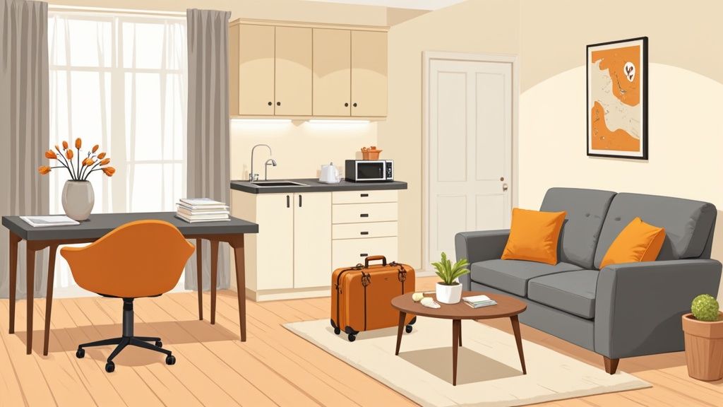 A modern, open-plan studio apartment featuring a living area, workspace, and compact kitchen.