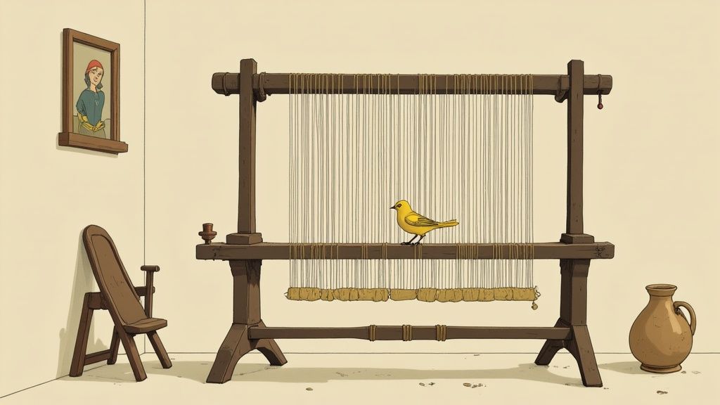 A yellow canary sits on a traditional wooden weaving loom in a room with a framed picture and a chair.