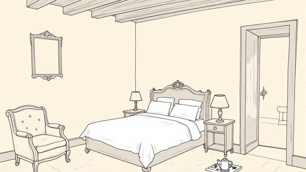 A detailed line drawing of a traditional bedroom with a bed, two nightstands, an armchair, and a mirror.