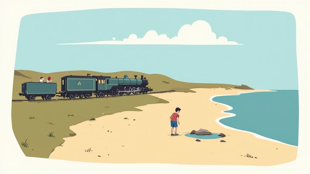 An illustrative scene of a train on tracks beside a sandy beach with a boy by tide pools.