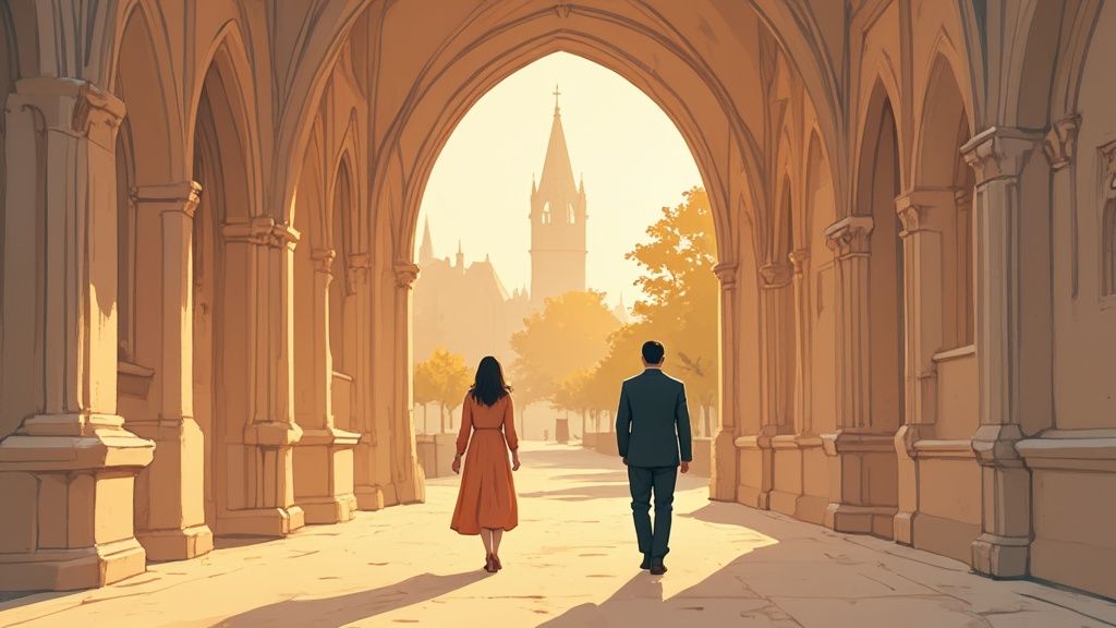 A couple walks through a grand arched corridor bathed in golden light towards a distant church spire.