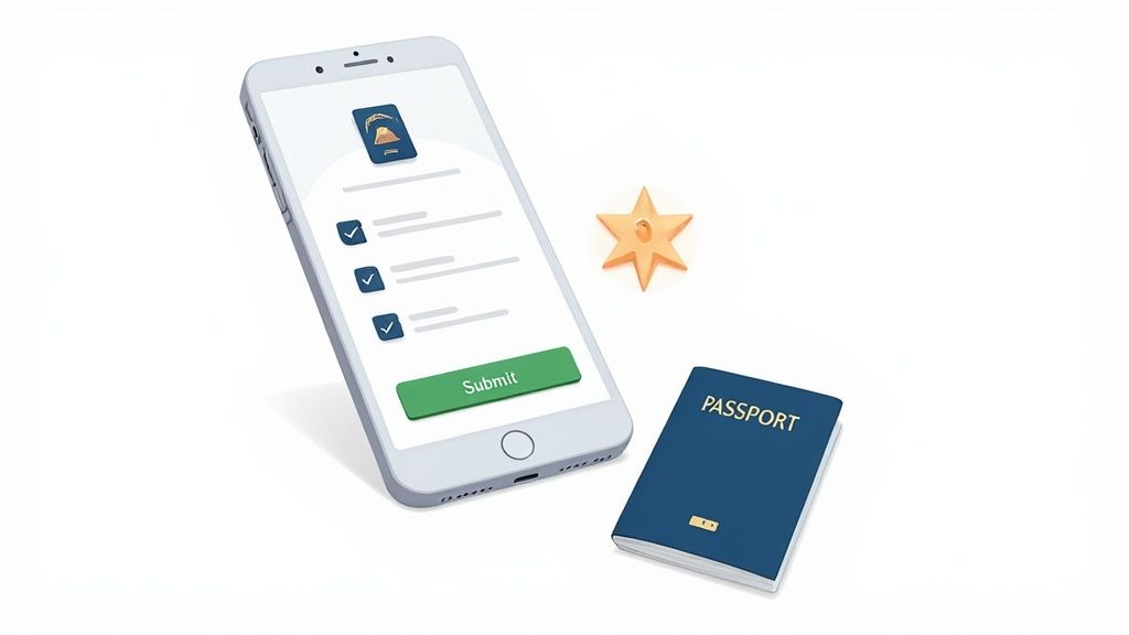 Smartphone displaying an online visa application form with checkmarks, a passport, and a golden star.