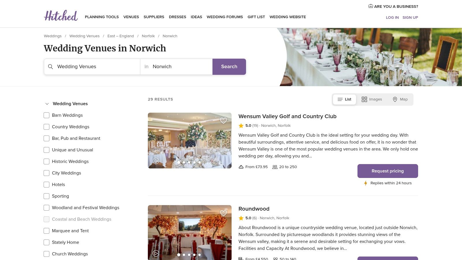 A screenshot of the Hitched website showcasing wedding venues in Norwich.