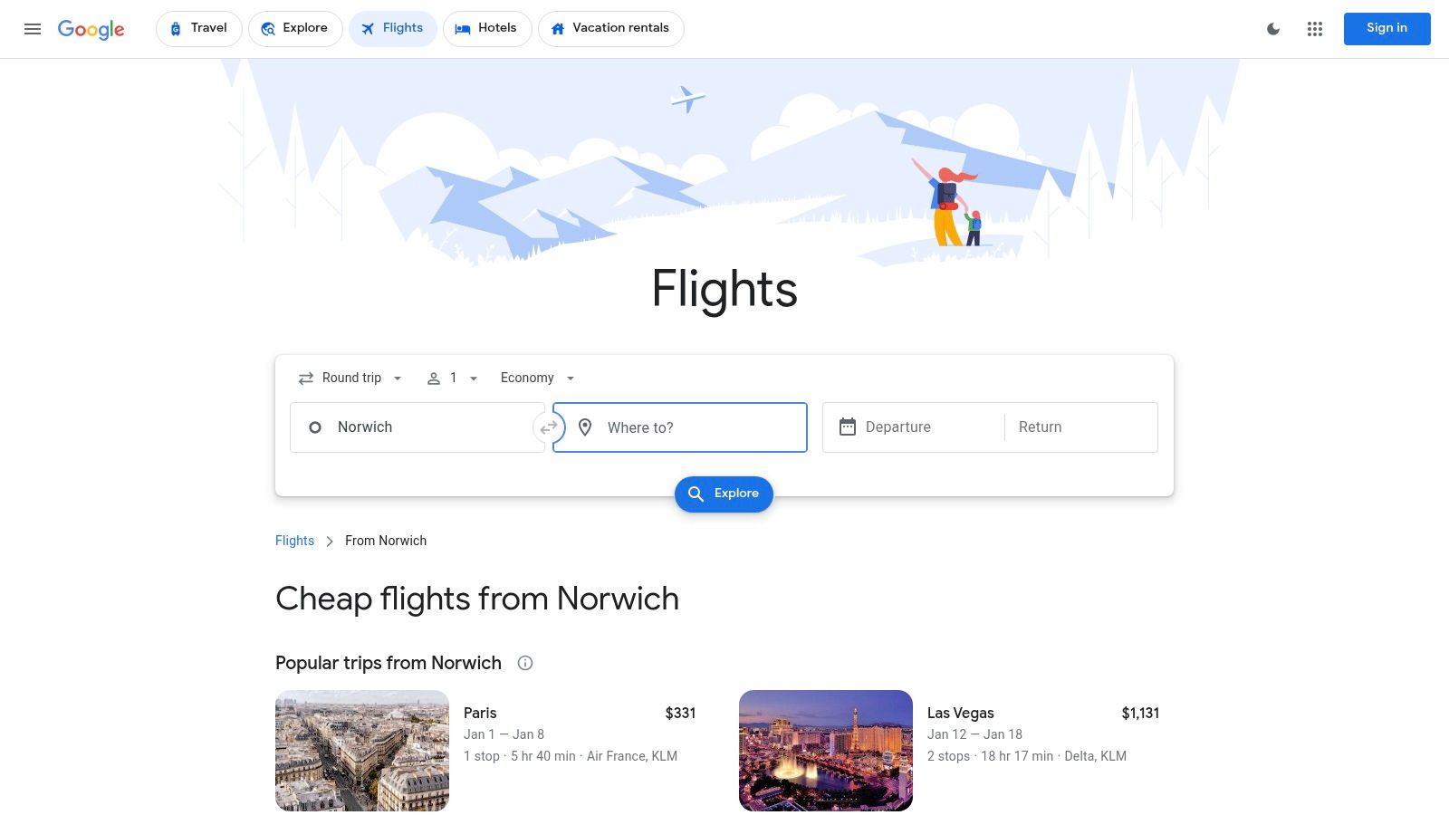 Google Flights (Flights from Norwich)