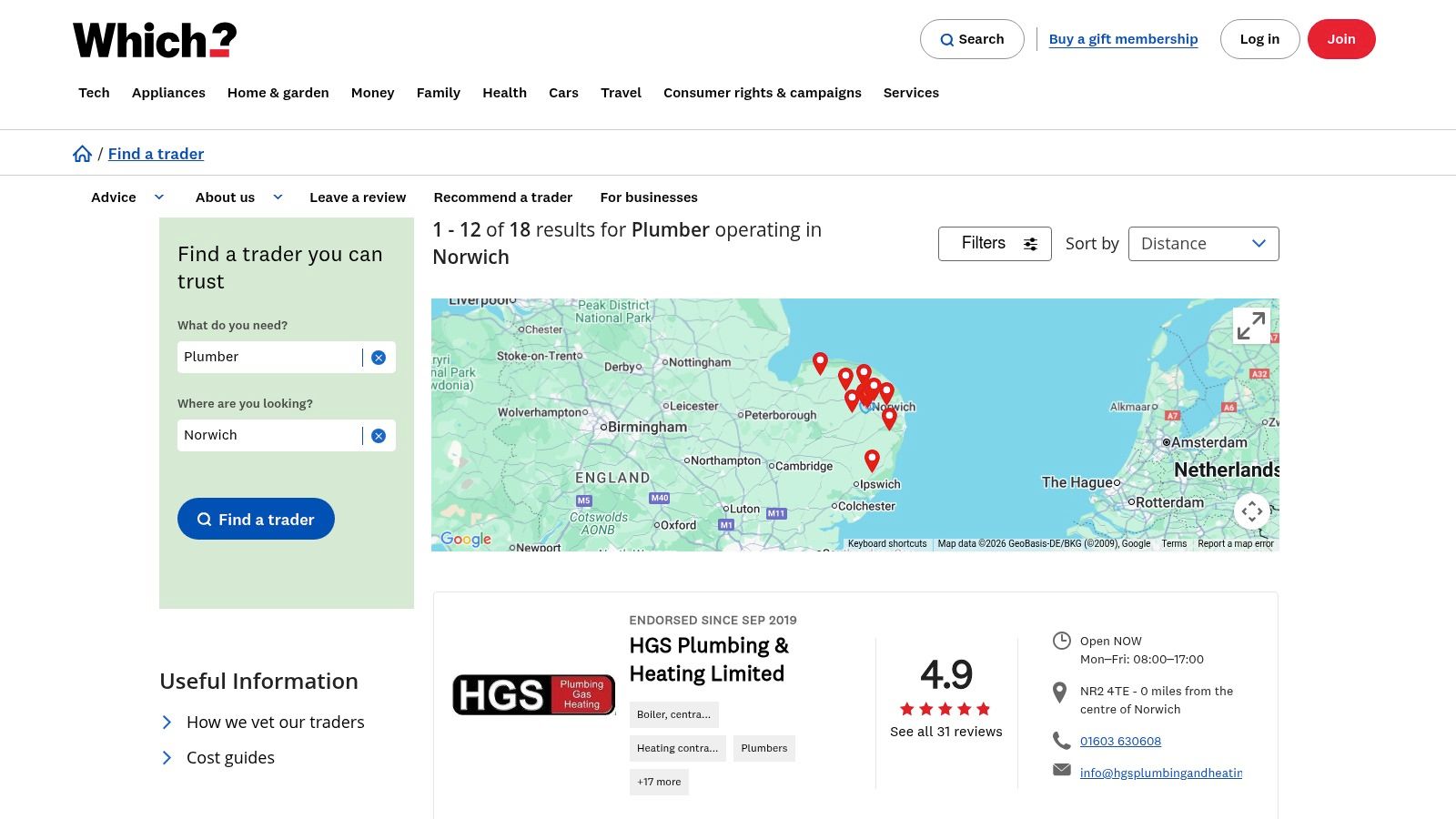 A screenshot showing the search results for plumbers in Norwich on the Which? Trusted Traders website, highlighting the vetted and reviewed nature of the listings.