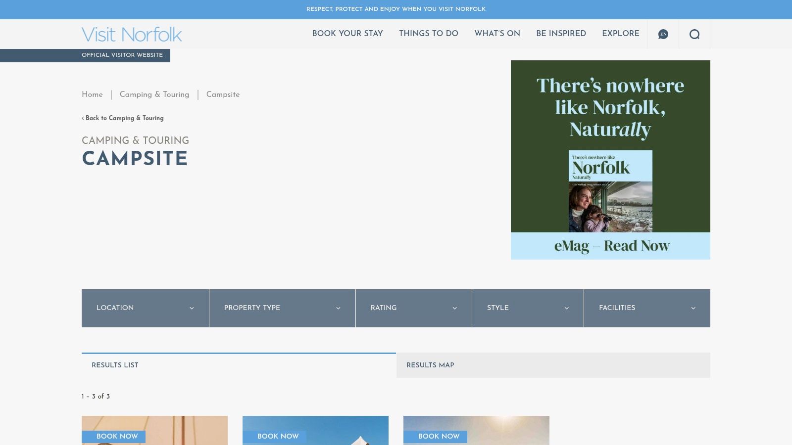 A screenshot of the Visit Norfolk website showing its campsite category, with a map and filter options for different Norfolk regions.
