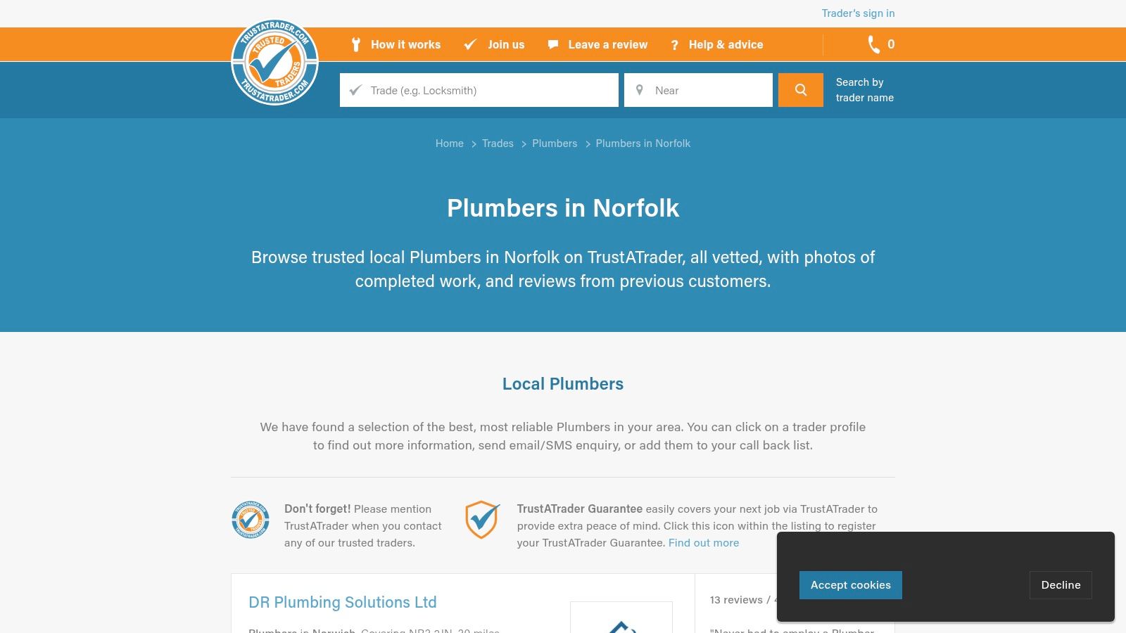 A screenshot showing the search results for plumbers in Norfolk on the TrustATrader website, with company listings displaying ratings and locations.