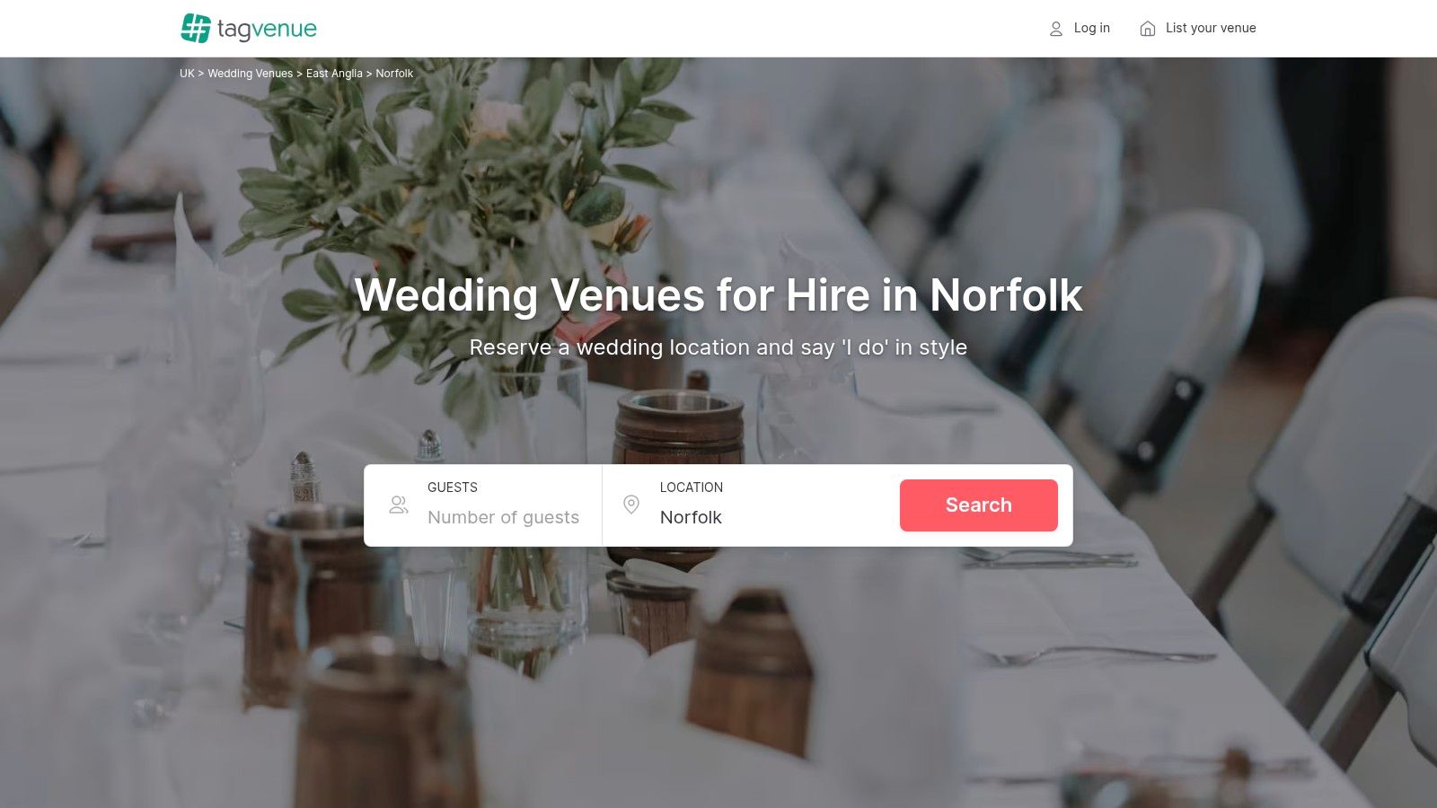 A screenshot of the Tagvenue website showing wedding venues in Norfolk.