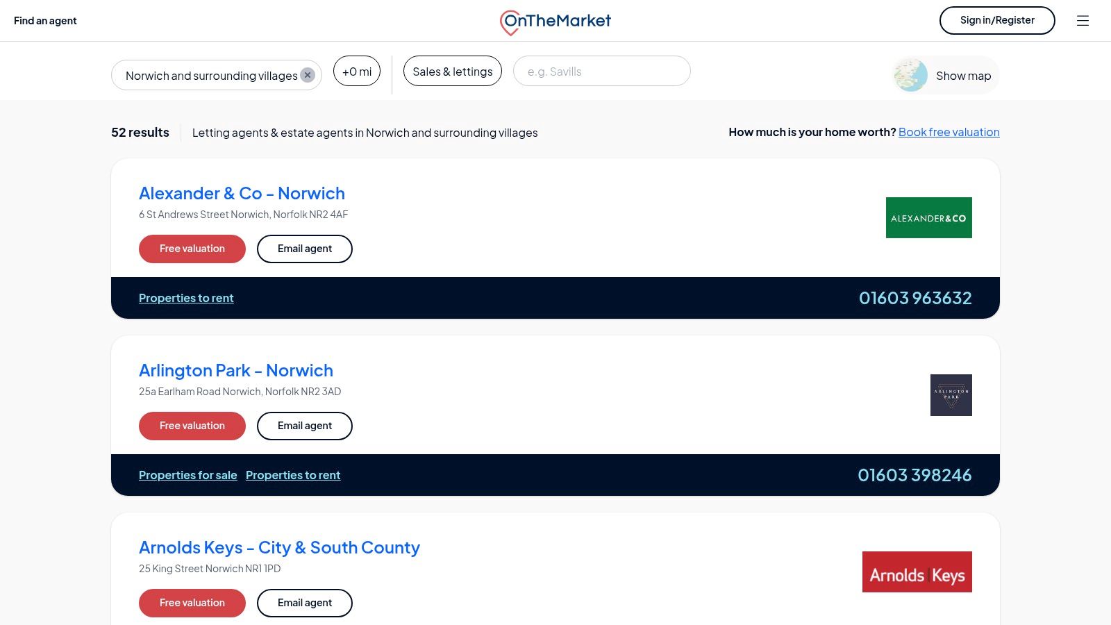 OnTheMarket's agent search page for Norwich, showing its clean list and map view.