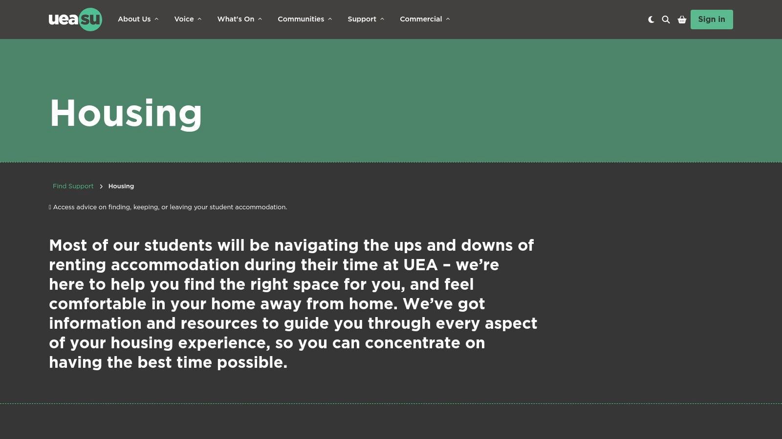 A screenshot of the UEA Students' Union Home Run website, showing its branding and navigation options for student housing support.