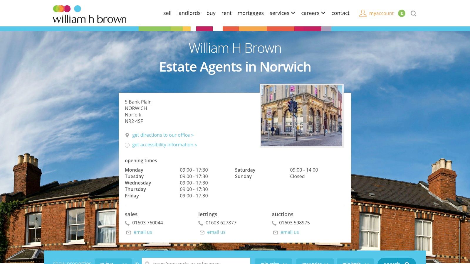 The William H Brown Norwich branch website page, showing the team and contact details.