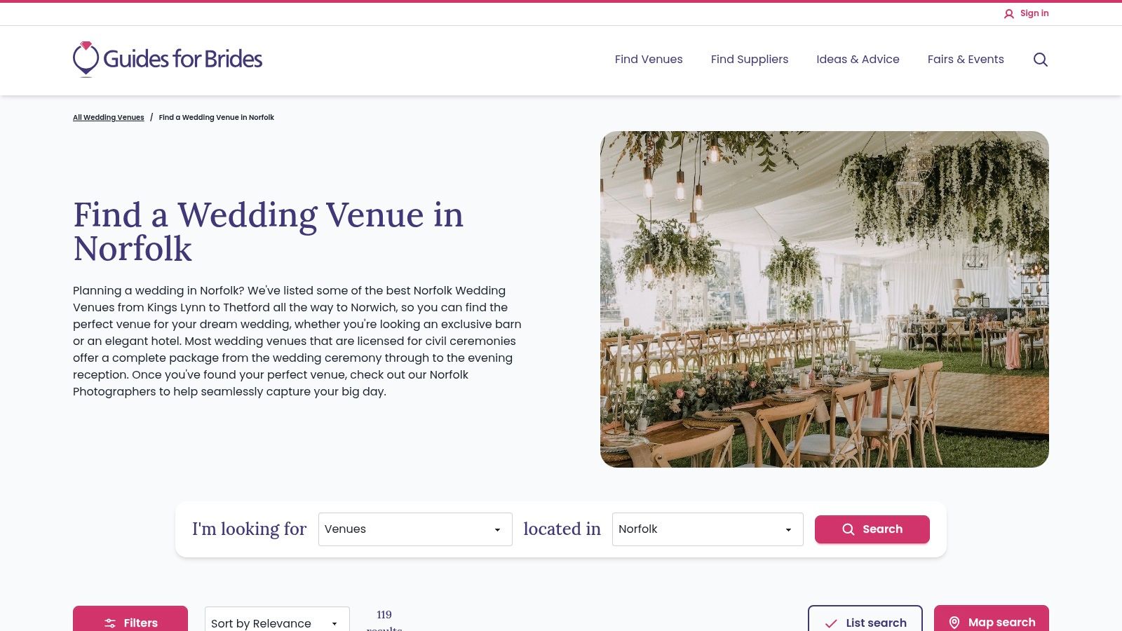 A screenshot of the Guides for Brides website showcasing Norfolk wedding venues.